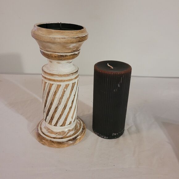 Mango Wood 9.5" Candle Holder With 6" Pillar Ribbed Candle - Picture 4 of 7
